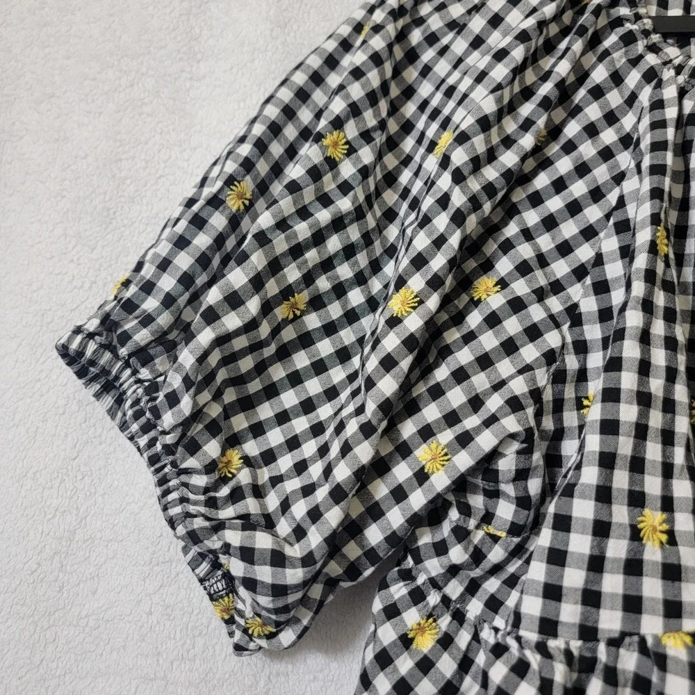 Old Navy Short Puff Sleeve Top Woms XL Gingham Embroidered Daises Boho Cottageco